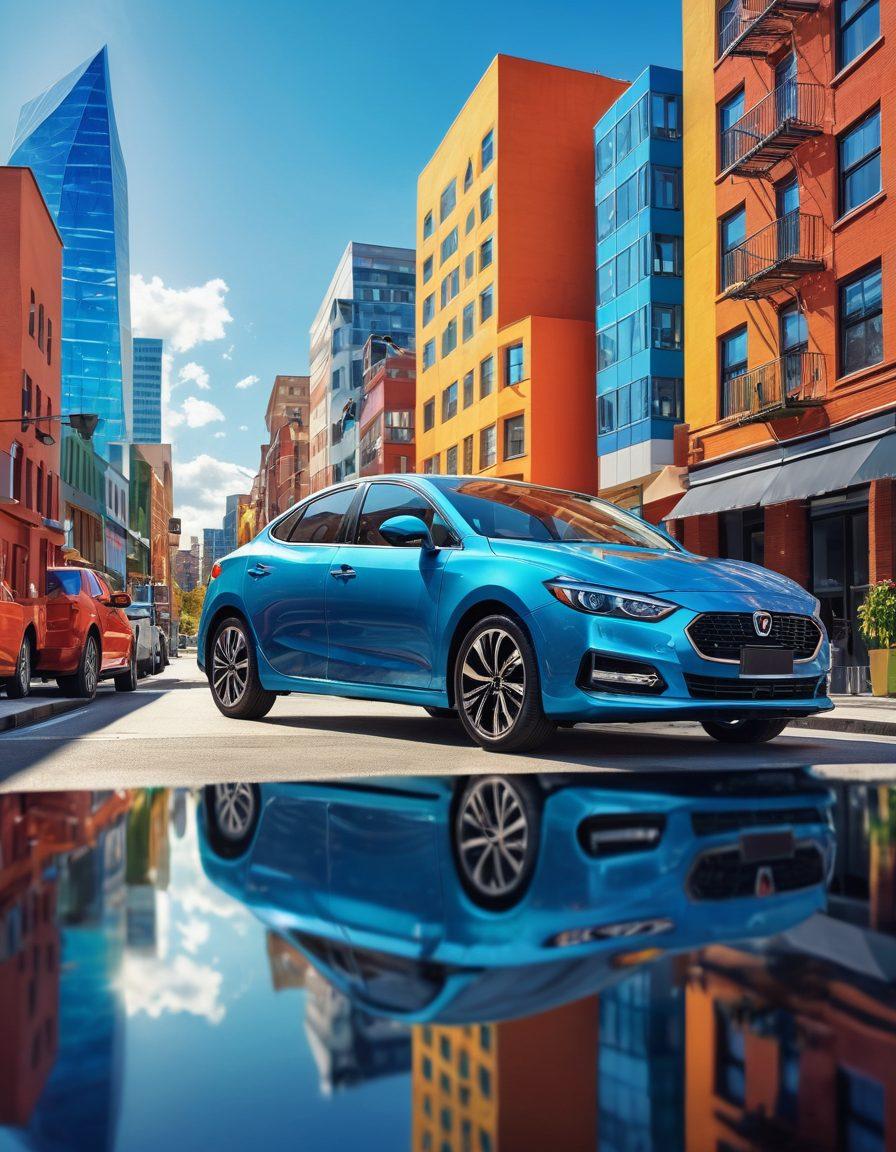 A split image showcasing a shiny, well-protected car on one side, representing comprehensive insurance, and a person analyzing insurance paperwork on the other side. The background features a city skyline to indicate urban life, and icons of various insurance policy symbols hover around. Bright colors to convey safety and positivity. digital art. vibrant colors. high contrast.