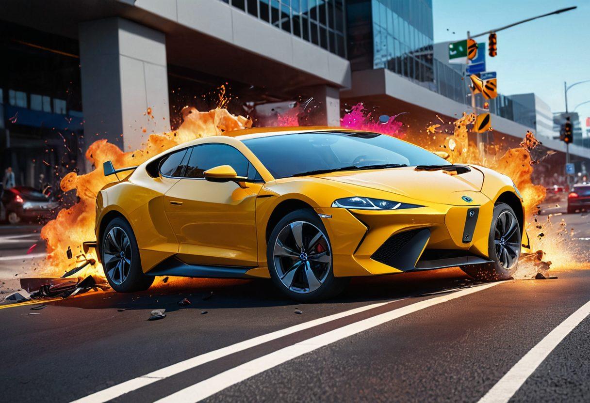 A dynamic illustration featuring a car crashing into a barrier, with a gradient spectrum in the background showcasing various vehicle protection icons such as insurance, warranties, and safety features. Emphasize the transition from chaos (collision) to peace (liability solutions) with contrasting colors. Incorporate sleek, modern design elements to represent advanced vehicle technology. super-realistic. vibrant colors. 3D.