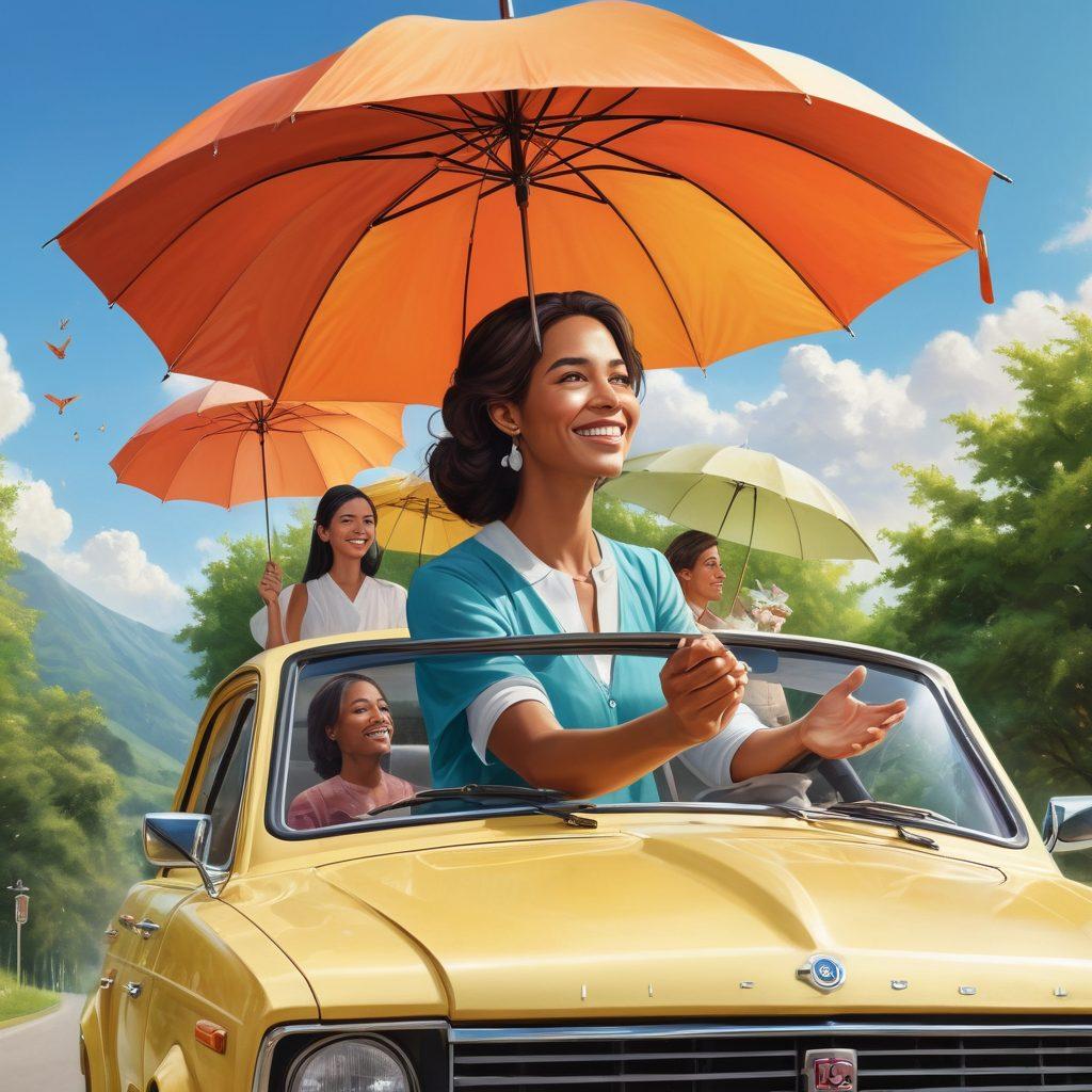 A serene landscape depicting a diverse group of people feeling calm and supported, surrounded by symbolic representations of insurance plans like shields and umbrellas. Include essential drivers such as a confident woman driving a car with happy passengers and a trustworthy insurance agent guiding them. The overall scene should evoke peace of mind and security, with a warm and inviting color palette. vibrant colors. super-realistic.